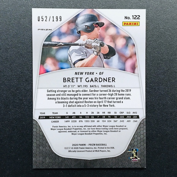 Brett Gardner - 2020 Panini Prizm Prizms Blue Donut Circles #122 052/199 - Picture 2 of 2